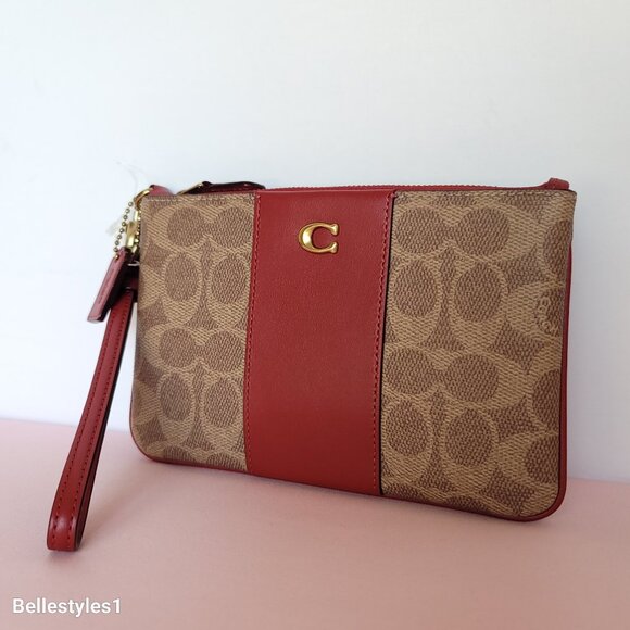 COACH Boxed Small Wristlet in Signature Canvas & Smooth Leather-Tan/Ruby color⭐ - Picture 7 of 16